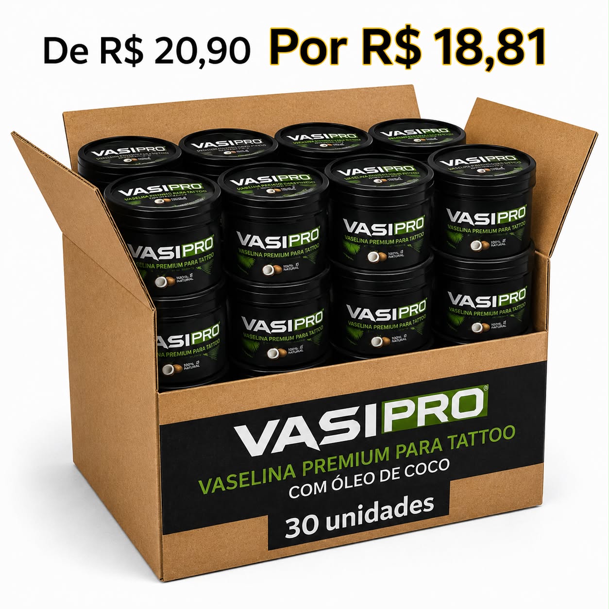 CAIXA MASTER VASELINA VASIPRO PREMIUM COM OLEO DE COCO 150GR – 30 UNIDADES